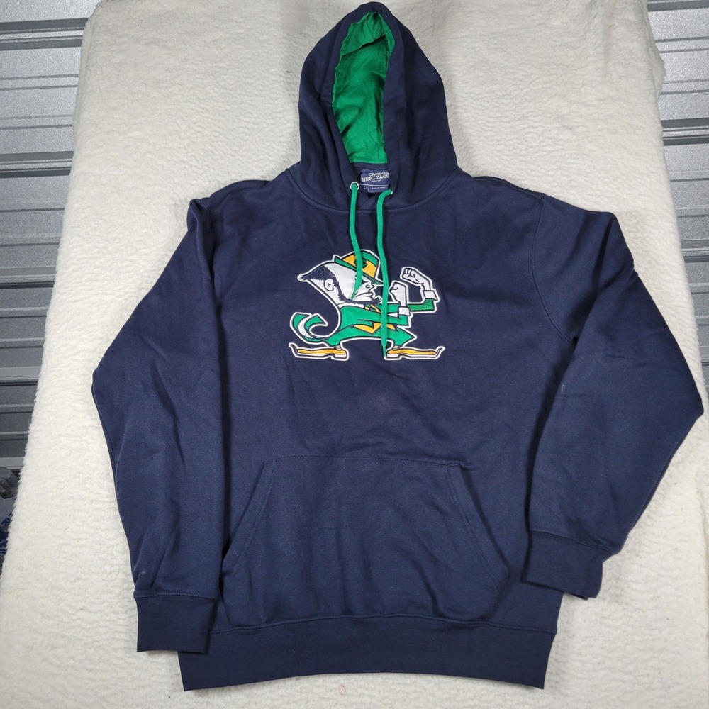 Campus Heritage Notre Dame Hoodie Mens Large Navy Blue Leprechaun Embroidered
